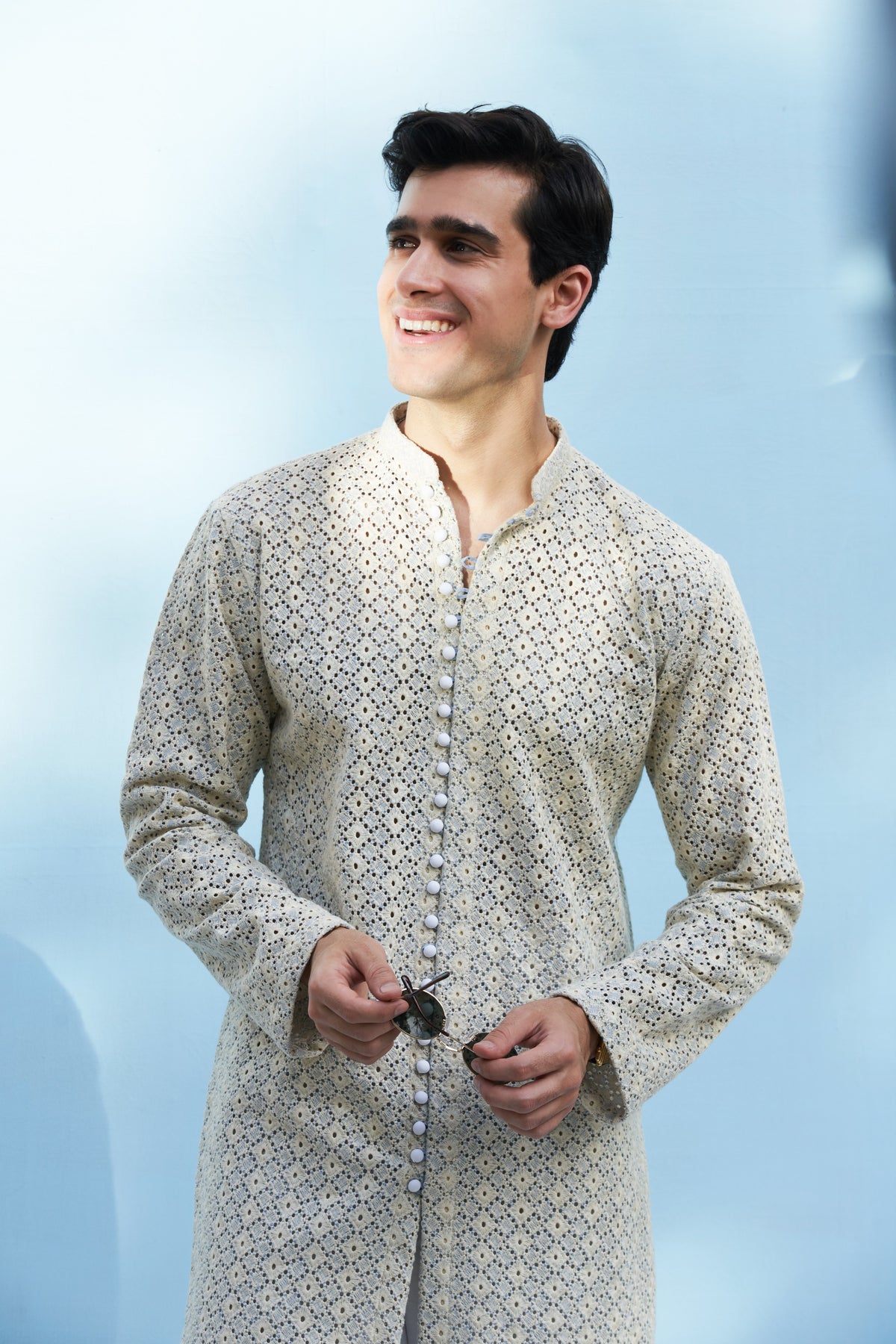 Embroidered Ivory Textured Kurta with White Trousers
