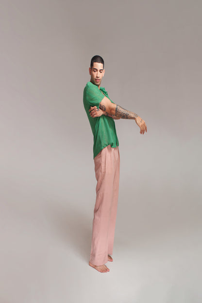 Green Textured Men's Shirt & Pink Trousers Set