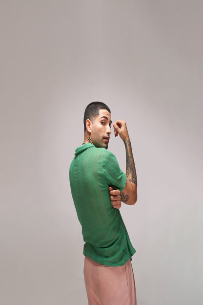 Green Textured Men's Shirt & Pink Trousers Set