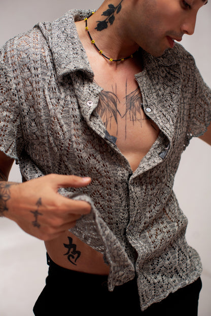 Textured Knit Men's Shirt & Black Trousers Set