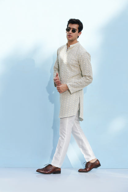 Embroidered Ivory Textured Kurta with White Trousers