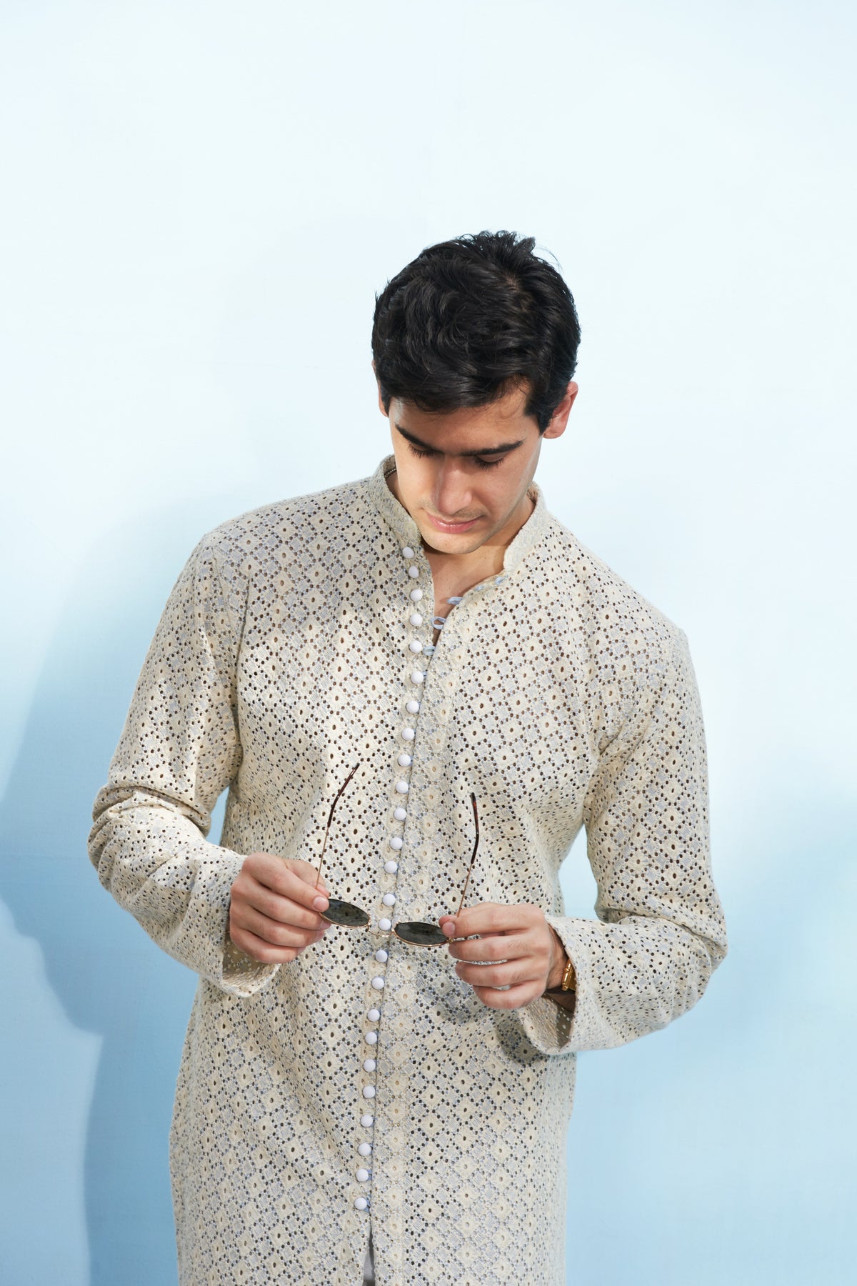 Embroidered Ivory Textured Kurta with White Trousers