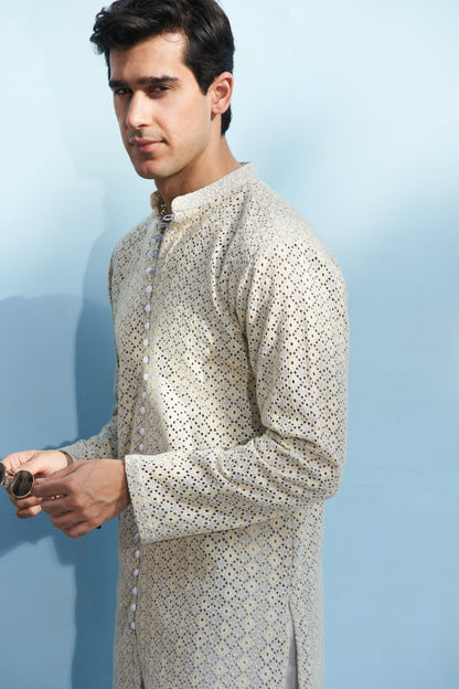 Embroidered Ivory Textured Kurta with White Trousers