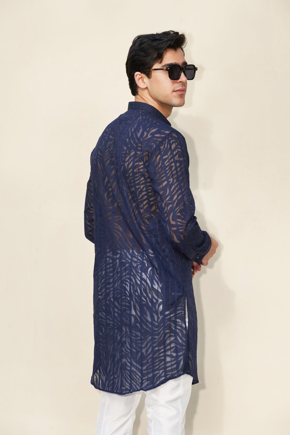 Blur kurta and white trousers
