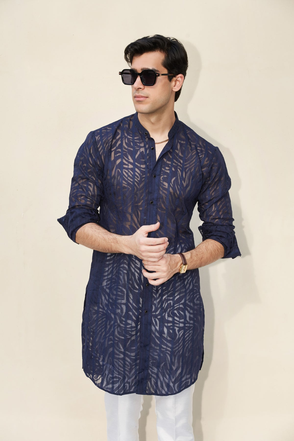Blur kurta and white trousers