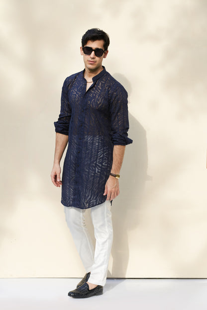 Blur kurta and white trousers