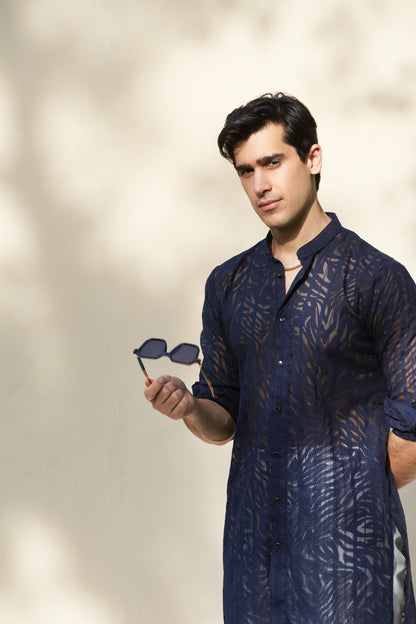 Blur kurta and white trousers