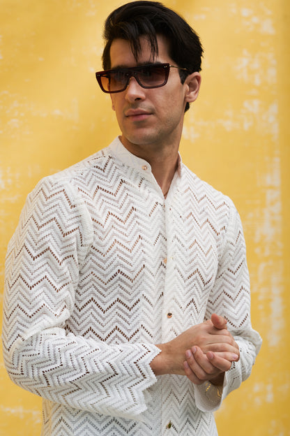 White Chevron Pattern Embroidered Kurta
