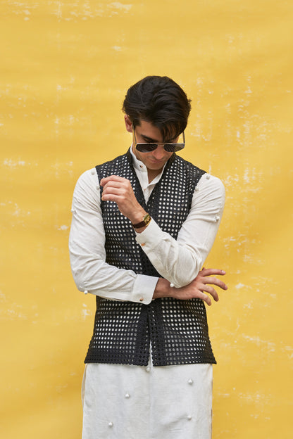 Black Geometric Pattern Waistcoat with White Kurta