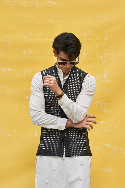Black Geometric Pattern Waistcoat with White Kurta