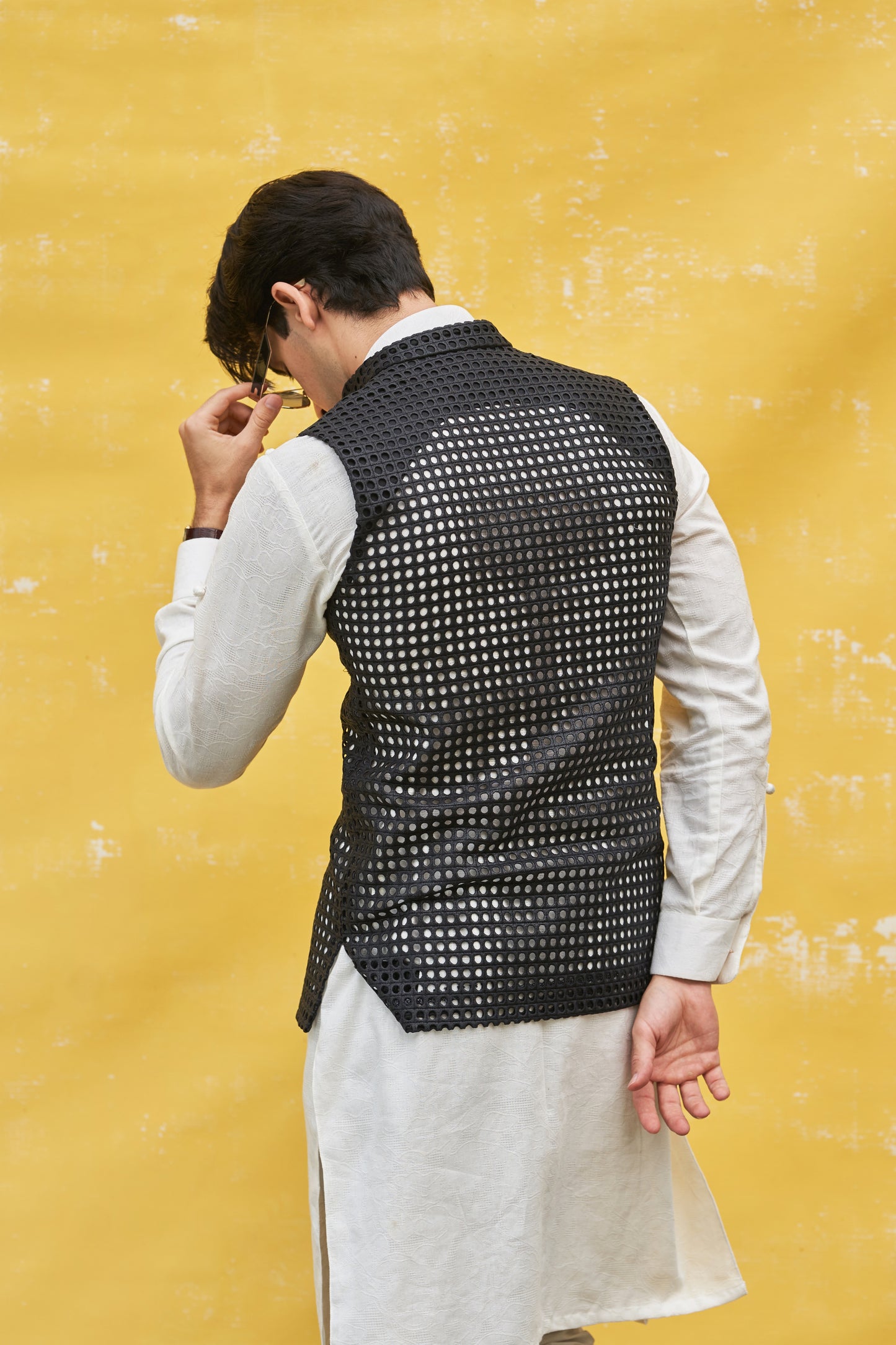 Black Geometric Pattern Waistcoat with White Kurta