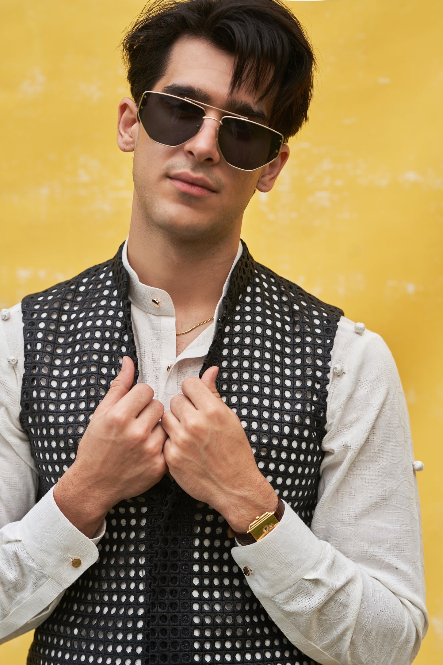 Black Geometric Pattern Waistcoat with White Kurta