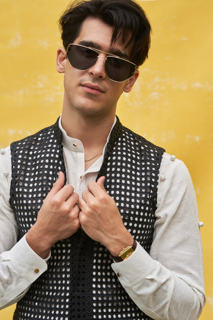Black Geometric Pattern Waistcoat with White Kurta