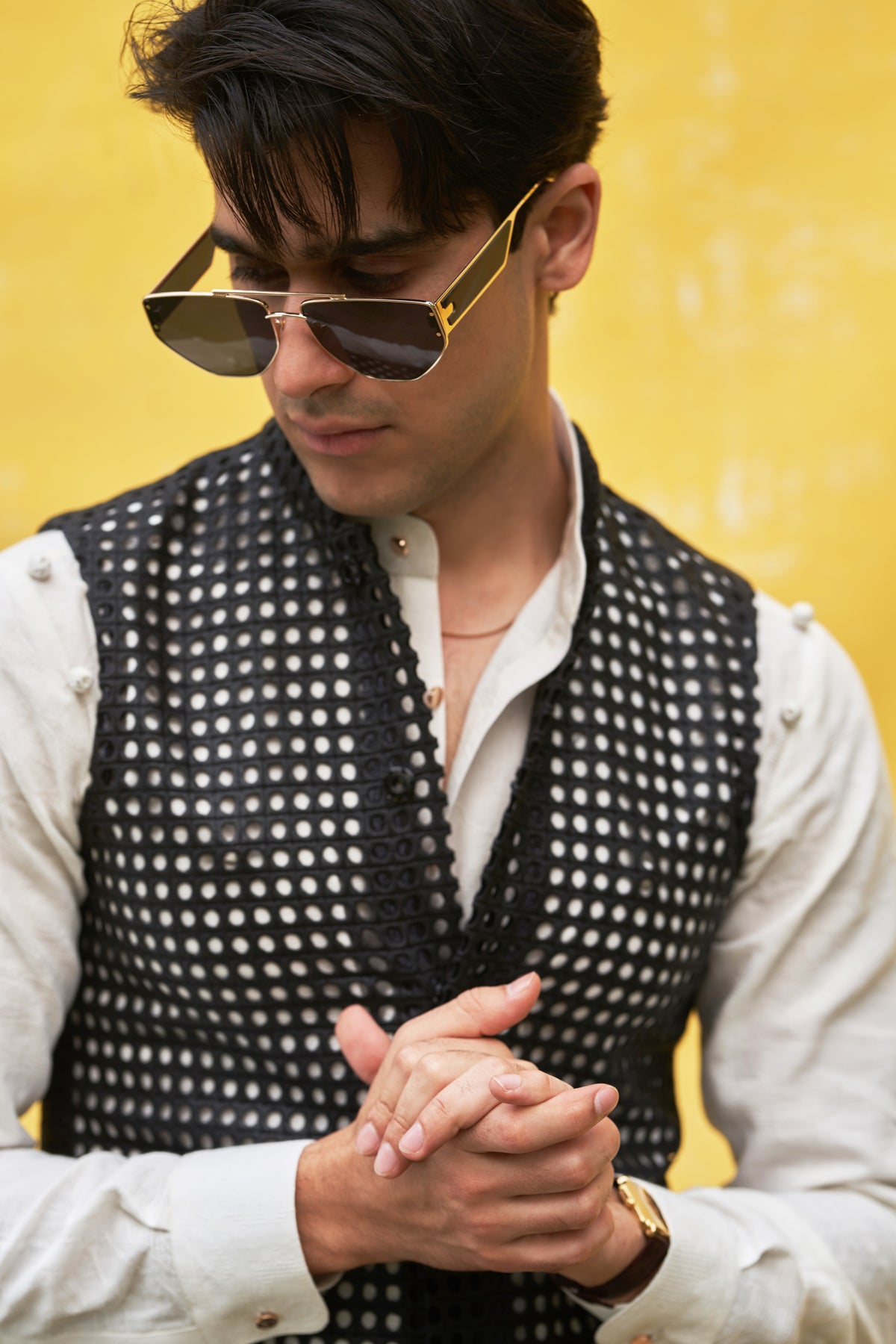 Black Geometric Pattern Waistcoat with White Kurta
