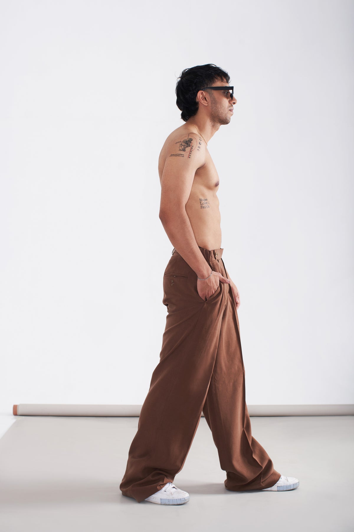 Men white fabric shirt with brown shirt